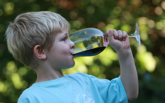Na zdjęciu widoczny mały chłopczyk dopijający czerwone wino z kieliszka. Kadr portretowy. 
